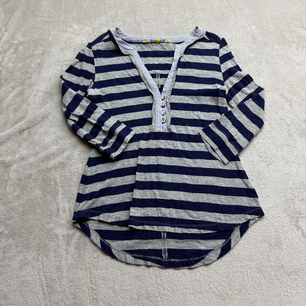 Little Yellow Button Henley Top Women Small Navy Gray Striped Button Neck Curved
